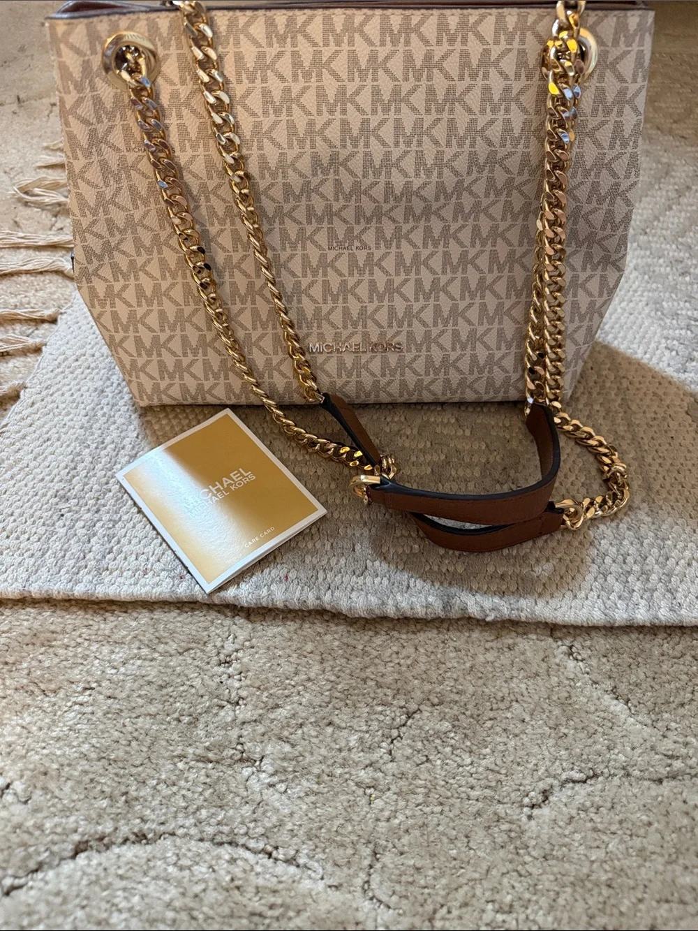 Michael Kors White MK Signature Shoulder Bag with Gold Chain